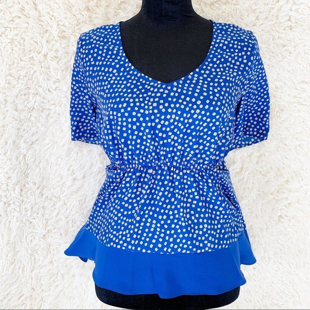 BCBG Blue Pleated Peasant Dot Top Blouse with Pockets size Small
